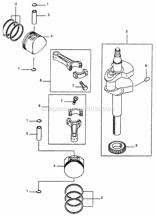 18 Hp Piston/Crankshaft Diagram and Parts List for Z48L 53AC365M100, 53BA1D5M100 Cub Cadet Lawn Mower
